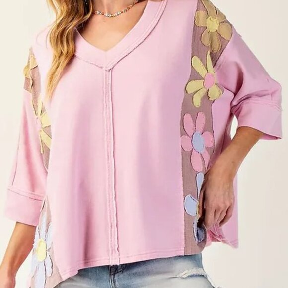 EASEL Daisy Patch, Mineral Wash, Pullover, Malibu Pink, NWT - Picture 2 of 5
